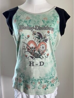 Vintage 2006 Harley Davidson Floral Heart Raglan Tee
